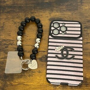 13 Pro Chic Pink and Black Striped Phone Case with Bracelet
